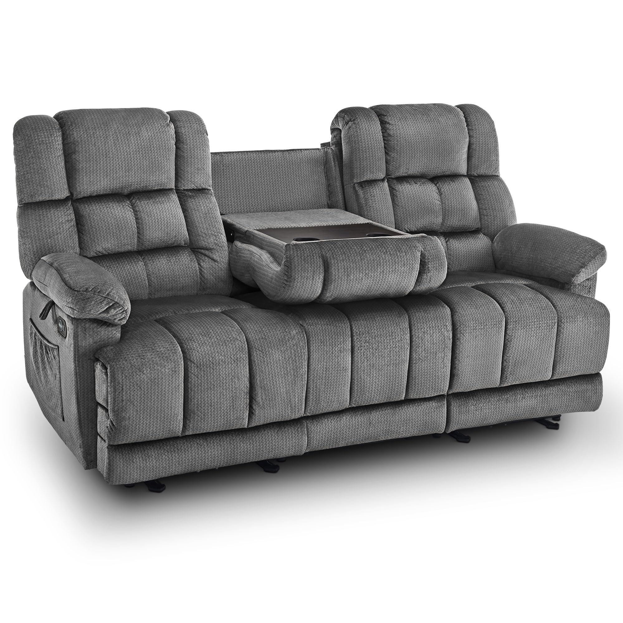 MCombo Power Reclining Sofa with Drop Down Table, Heat and Vibration, USB Ports, 3 Seat Dual Recliner Couch for Living Room RS6236 (Grey)