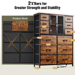 EnHomee Tall Dresser for Bedroom with 12 Drawer Dressers & Chests of Drawers for Closet with Power Outlets & LED Lights Large Dresser Organizer for Bedroom with Mesh Door, Rustic Brown