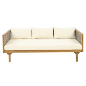 Merax 67.5" Outdoor Patio Daybed 3 Seater Sofa Bed,Acacia Wood Frame with Rattan Arm,Cushion & Pillow