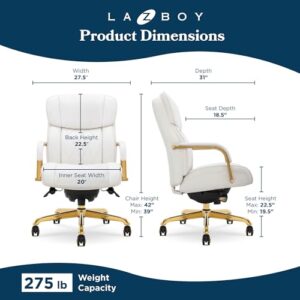 La-Z-Boy® Symphony Executive Mid-Back Office Chair, Diamond Quilt Design, Pocket Coil Cushion, Padded Armrests, Ergonomic Computer DeskChair, Swivel Metal Base, Bonded Leather, White and Gold