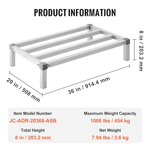 VEVOR Aluminum Dunnage Rack, 36” x 20” Commercial Food Floor Rack, 8” Off The Floor, 1000 lbs Capacity All-Welded Aluminum Storage Rack, for Storage in Restaurants, Kitchens, Garages and Vehicles