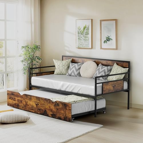 Tatub Twin Daybed with Trundle, Rustic Metal Sofa Bed Frame with Wooden Headboards, Saving Space Day Bed Frame for Living Room, Bedroom, Apartment, Rustic Brown