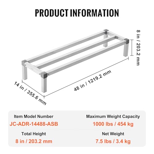 VEVOR Aluminum Dunnage Rack, 48” x 14” Commercial Food Floor Rack, 8” Off The Floor, 1000 lbs Capacity All-Welded Aluminum Storage Rack, for Storage in Restaurants, Kitchens, Garages and Vehicles