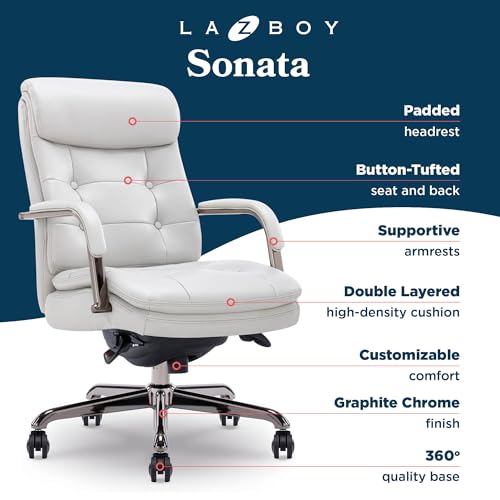 La-Z-Boy® Sonata Executive Mid-Back Office Chair, Button-Tufted Design, Double-Layer Cushion, Padded Armrests, Ergonomic Computer DeskChair, Swivel Metal Base, Bonded Leather, Gray and Graphite