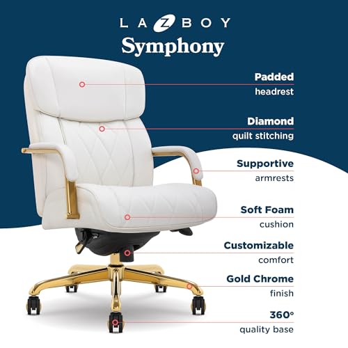 La-Z-Boy® Symphony Executive Mid-Back Office Chair, Diamond Quilt Design, Pocket Coil Cushion, Padded Armrests, Ergonomic Computer DeskChair, Swivel Metal Base, Bonded Leather, White and Gold