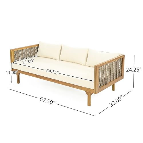 Merax 67.5" Outdoor Patio Daybed 3 Seater Sofa Bed,Acacia Wood Frame with Rattan Arm,Cushion & Pillow