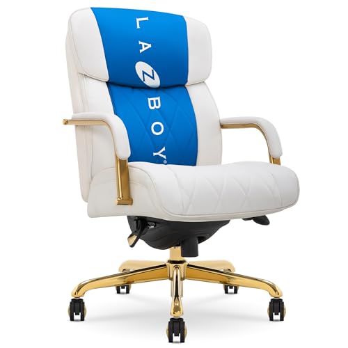 La-Z-Boy® Symphony Executive Mid-Back Office Chair, Diamond Quilt Design, Pocket Coil Cushion, Padded Armrests, Ergonomic Computer DeskChair, Swivel Metal Base, Bonded Leather, White and Gold