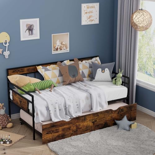 Tatub Twin Daybed with Trundle, Rustic Metal Sofa Bed Frame with Wooden Headboards, Saving Space Day Bed Frame for Living Room, Bedroom, Apartment, Rustic Brown