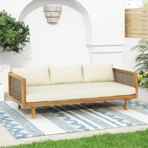 Merax 67.5" Outdoor Patio Daybed 3 Seater Sofa Bed,Acacia Wood Frame with Rattan Arm,Cushion & Pillow