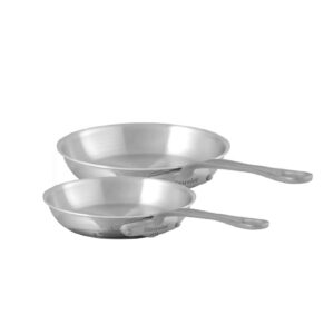 mauviel m'cook sb 5-ply polished stainless steel 2-piece frying pan set with brushed cast stainless steel handles, made in france