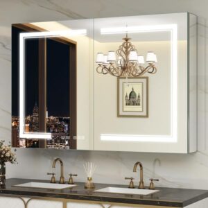 benime 48×32 inch lighted mirror medicine cabinet, bathroom wall cabinet with defogger, dimmer, 3 light colors, clock, room temp display, outlets, usbs, recessed/surface vanity mirror