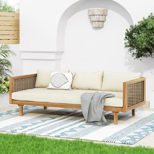 Merax 67.5" Outdoor Patio Daybed 3 Seater Sofa Bed,Acacia Wood Frame with Rattan Arm,Cushion & Pillow