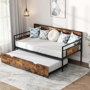 Tatub Twin Daybed with Trundle, Rustic Metal Sofa Bed Frame with Wooden Headboards, Saving Space Day Bed Frame for Living Room, Bedroom, Apartment, Rustic Brown