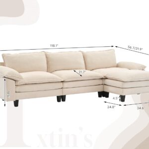 Txtin's 118" 3 Seat Cloud Couches for Living Room, L Shape Sectional Couch with Ottoman, Modular Sectional Sofa for Apartment, Beige