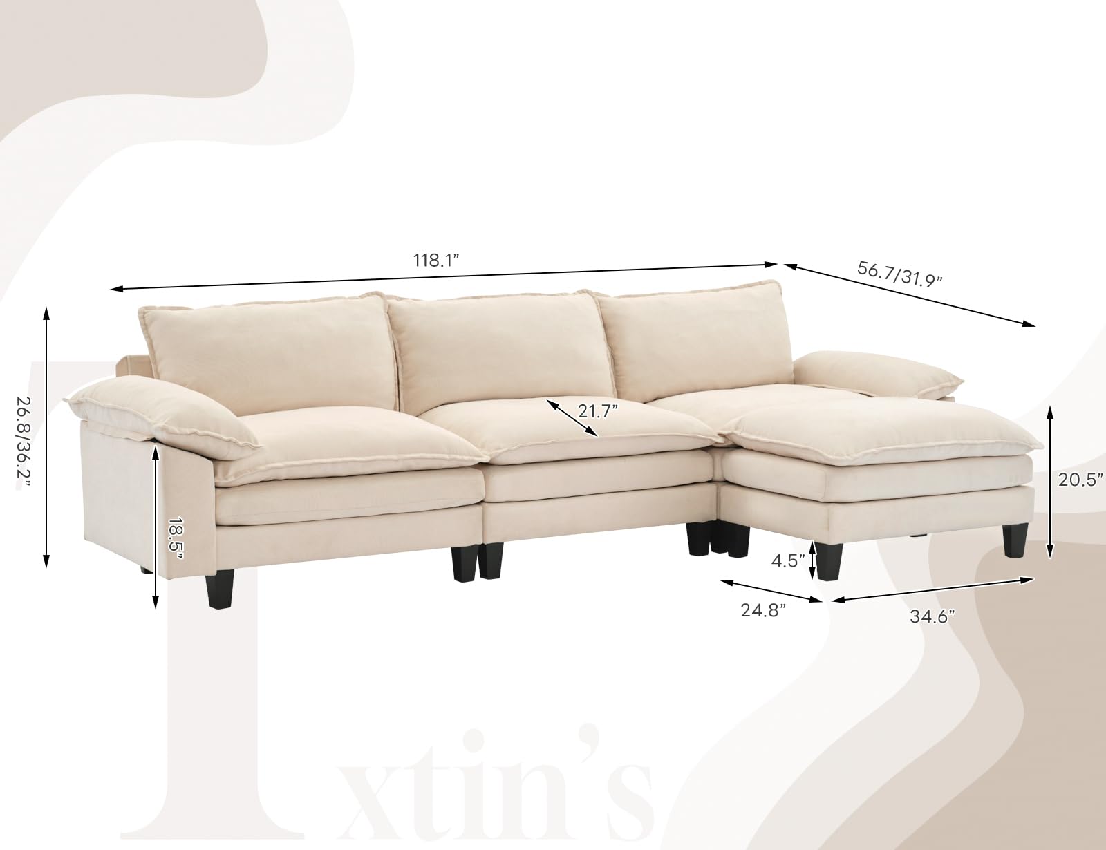 Txtin's 118" 3 Seat Cloud Couches for Living Room, L Shape Sectional Couch with Ottoman, Modular Sectional Sofa for Apartment, Beige