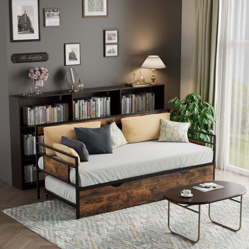 Tatub Twin Daybed with Trundle, Rustic Metal Sofa Bed Frame with Wooden Headboards, Saving Space Day Bed Frame for Living Room, Bedroom, Apartment, Rustic Brown