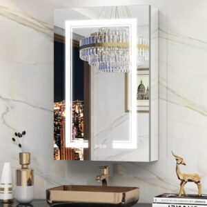 benime bathroom medicine cabinet with mirror, 20x30 inch led medicine cabinets with lights, defogger, dimmer, 3 colors makeup mirror, recessed or surface vanity storage mirror, sofe hinges left door