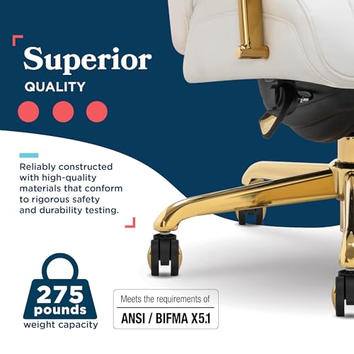 La-Z-Boy® Symphony Executive Mid-Back Office Chair, Diamond Quilt Design, Pocket Coil Cushion, Padded Armrests, Ergonomic Computer DeskChair, Swivel Metal Base, Bonded Leather, White and Gold