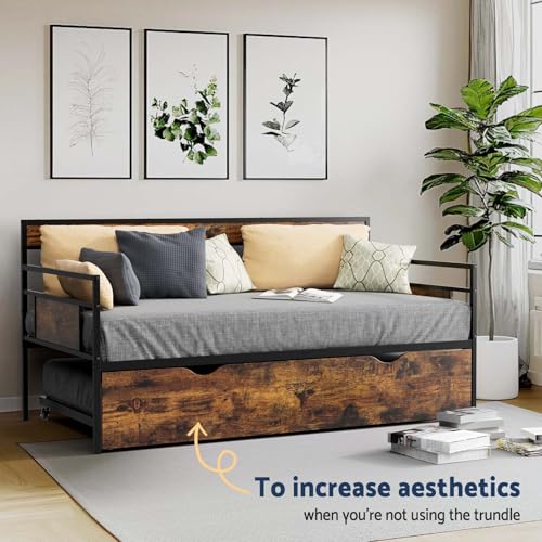 Tatub Twin Daybed with Trundle, Rustic Metal Sofa Bed Frame with Wooden Headboards, Saving Space Day Bed Frame for Living Room, Bedroom, Apartment, Rustic Brown