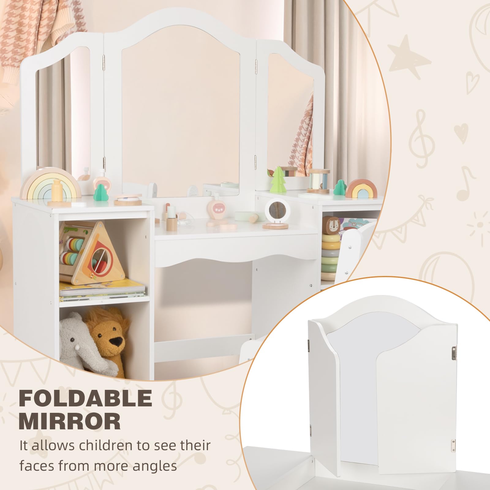 OOOK Toddler Vanity, 2 in 1 Kids Study Desk with Detachable Tri-Folding Mirror, Kids Vanity Table and Chair Set with DIY Stickers, Unique Toddler Vanity Dressing Table for Girls.