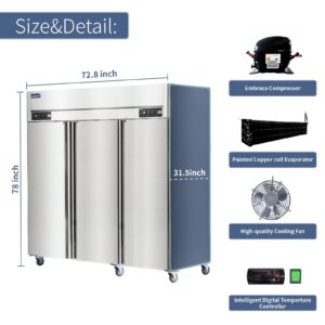 ICECASA 72" W Commercial Refrigerators and Freezer Combo Reach-in 54 Cu.ft 3 Solid Door Stainless Steel Refrigerators and Freezer Combo Fan Cooling for Restuarant, Bar, Shop, etc