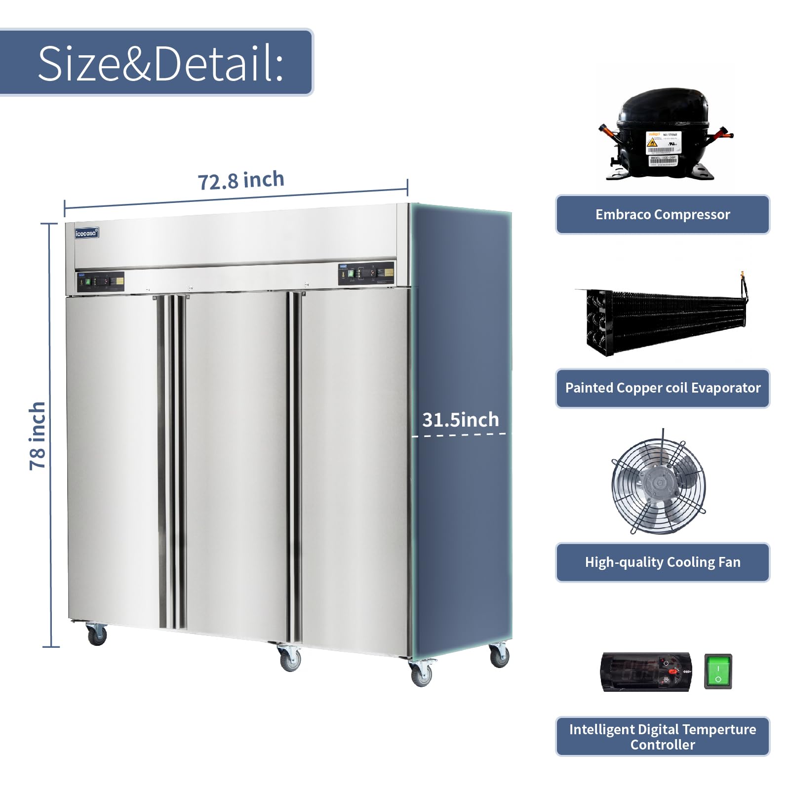 ICECASA 72" W Commercial Refrigerators and Freezer Combo Reach-in 54 Cu.ft 3 Solid Door Stainless Steel Refrigerators and Freezer Combo Fan Cooling for Restuarant, Bar, Shop, etc