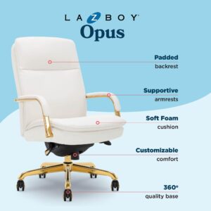 La-Z-Boy® Opus Executive Mid-Back Office Chair, Channel-Tufted Seat and Back, Double-Layer Cushion, Padded Arms, Ergonomic Computer Desk Chair, Swivel Metal Base, Bonded Leather, White and Gold