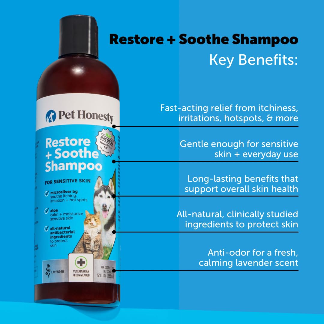 Pet Honesty Restore + Soothe Shampoo for Sensitive Skin for Dogs & Cats (Lavender) 12oz + Allergy Support Itch Relief for Dogs - Dog Allergy Chews with Probiotics for Seasonal Allergies, Skin and Coat