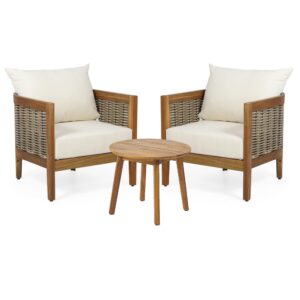 Merax Set Outdoor Acacia Wood Wicker 2 Club Chairs with Side Table,Patio Furniture Conversation Seat for Backyard, Beige