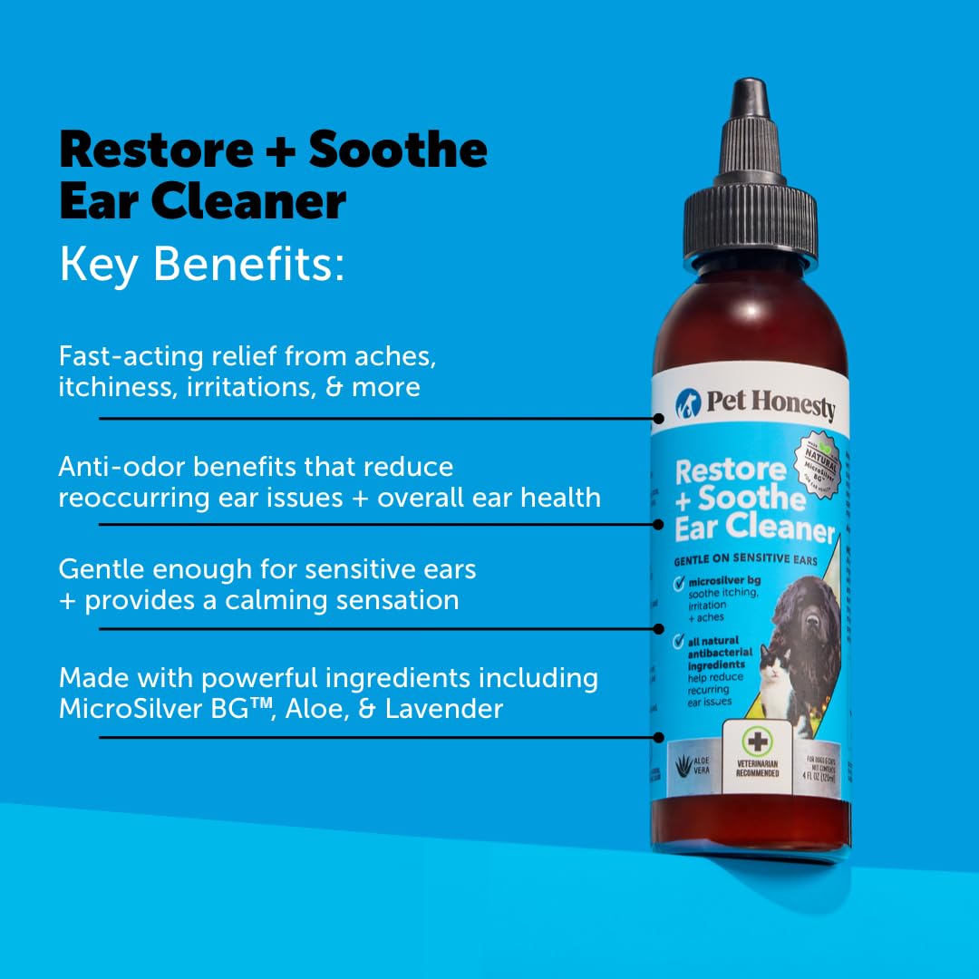 Pet Honesty Restore + Soothe Ear Cleaner for Dogs & Cats (Aloe Vera) 4oz + Allergy Support Itch Relief for Dogs - Dog Allergy Chews with Probiotics for Seasonal Allergies, Skin and Coat Supplement (Sa