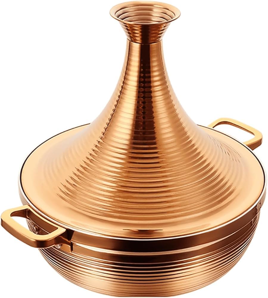 304 Stainless Steel Moroccan Tagine Pot,Non Stick Tagine Stainless Steel Tower Stew Dry Pot Non-stick Slow Cooker Seafood High Lid Pan Electromagnetic Cooker Moroccan Tajine Casserole,Gold,26cm