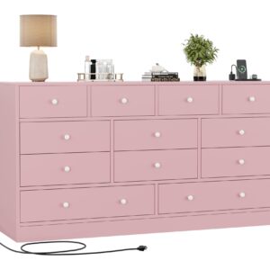 GarveeHome 12 Drawer Dresser for Bedroom, 61 Inch Wood Dresser with Power Outlet, Wide Dresser Chest of Drawers for Living Room, Hallway, Tall Dressers with Smooth Metal Rail, Large Storage, Pink