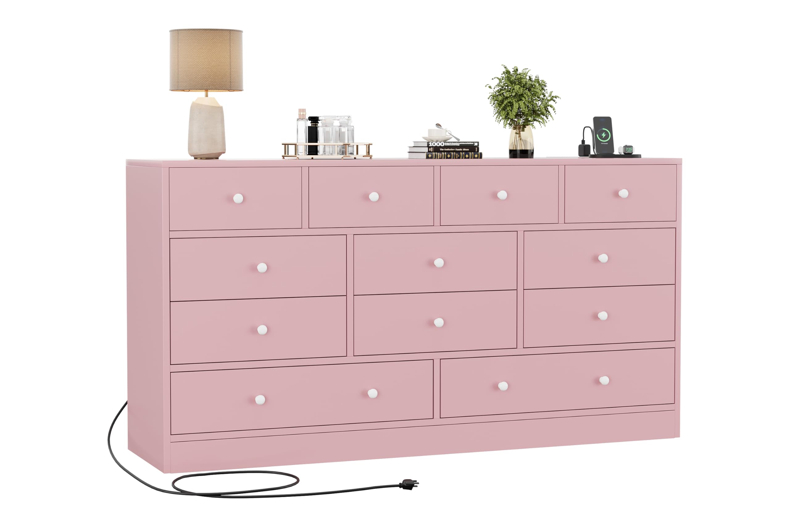 GarveeHome 12 Drawer Dresser for Bedroom, 61 Inch Wood Dresser with Power Outlet, Wide Dresser Chest of Drawers for Living Room, Hallway, Tall Dressers with Smooth Metal Rail, Large Storage, Pink