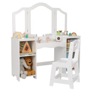 oook toddler vanity, 2 in 1 kids study desk with detachable tri-folding mirror, kids vanity table and chair set with diy stickers, unique toddler vanity dressing table for girls.