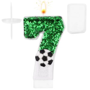 football candle, white green soccer cake topper happy birthday number cake candle sparkling sequins soccer football theme birthday party decorations celebrations supplies (number 7)