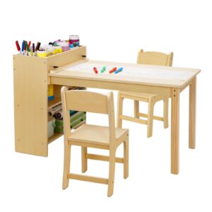 OOOK Kids Art Table and 2 Chairs, Toddler Activity Table with Large Storage Shelves, Wood Activity Desk for Writing Drawing Suitable for Playrooms & Classroom