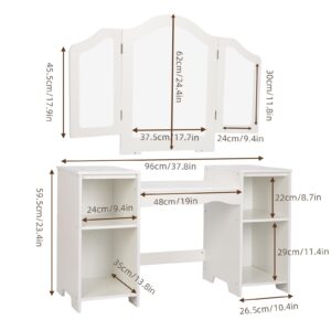 OOOK Toddler Vanity, 2 in 1 Kids Study Desk with Detachable Tri-Folding Mirror, Kids Vanity Table and Chair Set with DIY Stickers, Unique Toddler Vanity Dressing Table for Girls.