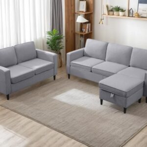 CECER 5 Seaters Upholstered Sectional Sofa, Linen Fabric Sofa Couch with Side Pockets, 3 Seater Couch and Chair with Movable Storage Ottoman, for Living Room-Sofa&Loveseat&Ottoman,Light Grey