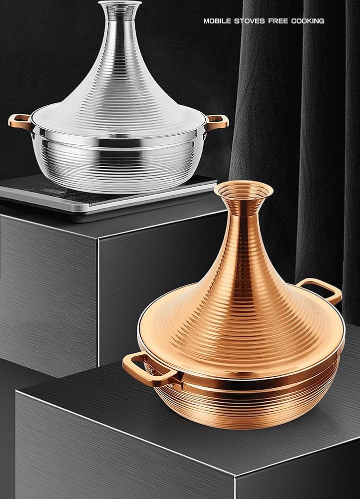 304 Stainless Steel Moroccan Tagine Pot,Non Stick Tagine Stainless Steel Tower Stew Dry Pot Non-stick Slow Cooker Seafood High Lid Pan Electromagnetic Cooker Moroccan Tajine Casserole,Gold,26cm