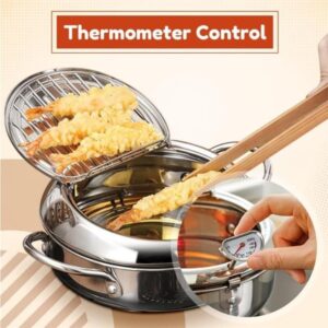 Japanese Deep Fryer With Temperature Gauge,Japanese Deep Fryer Pot Extra Large,Japanese Frying Pot,Deep Frying Pan with Lid Basket for Kitchen French Fries Chicken (20cm/7.9in)