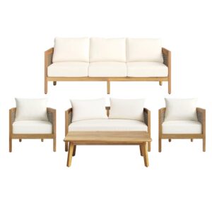 merax patio furniture 5-piece outdoor acacia wood wicker conversation set with 3 seater sofa,loveseat,2 chairs and coffetable for backyard, beige