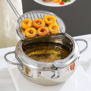 Japanese Deep Fryer With Temperature Gauge,Japanese Deep Fryer Pot Extra Large,Japanese Frying Pot,Deep Frying Pan with Lid Basket for Kitchen French Fries Chicken (20cm/7.9in)