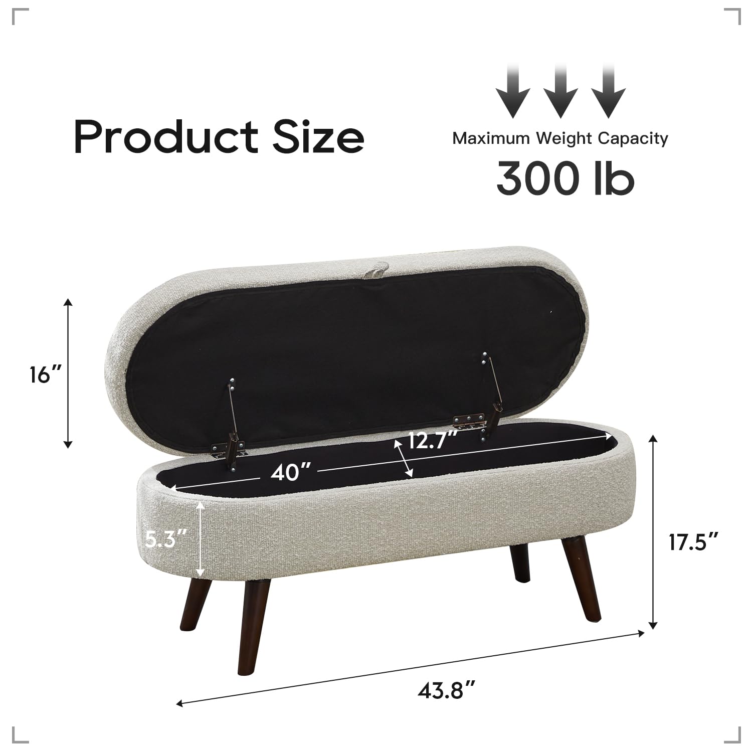 43.8" Storage Ottoman Bench for Bedroom, Upholstered Storage Bench, Boucle Ottoman Bench with Safety Hinge, End of Bed Bench with Solid Wood Legs for Living Room/Bedroom/Entryway/Beige