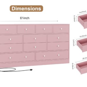 GarveeHome 12 Drawer Dresser for Bedroom, 61 Inch Wood Dresser with Power Outlet, Wide Dresser Chest of Drawers for Living Room, Hallway, Tall Dressers with Smooth Metal Rail, Large Storage, Pink