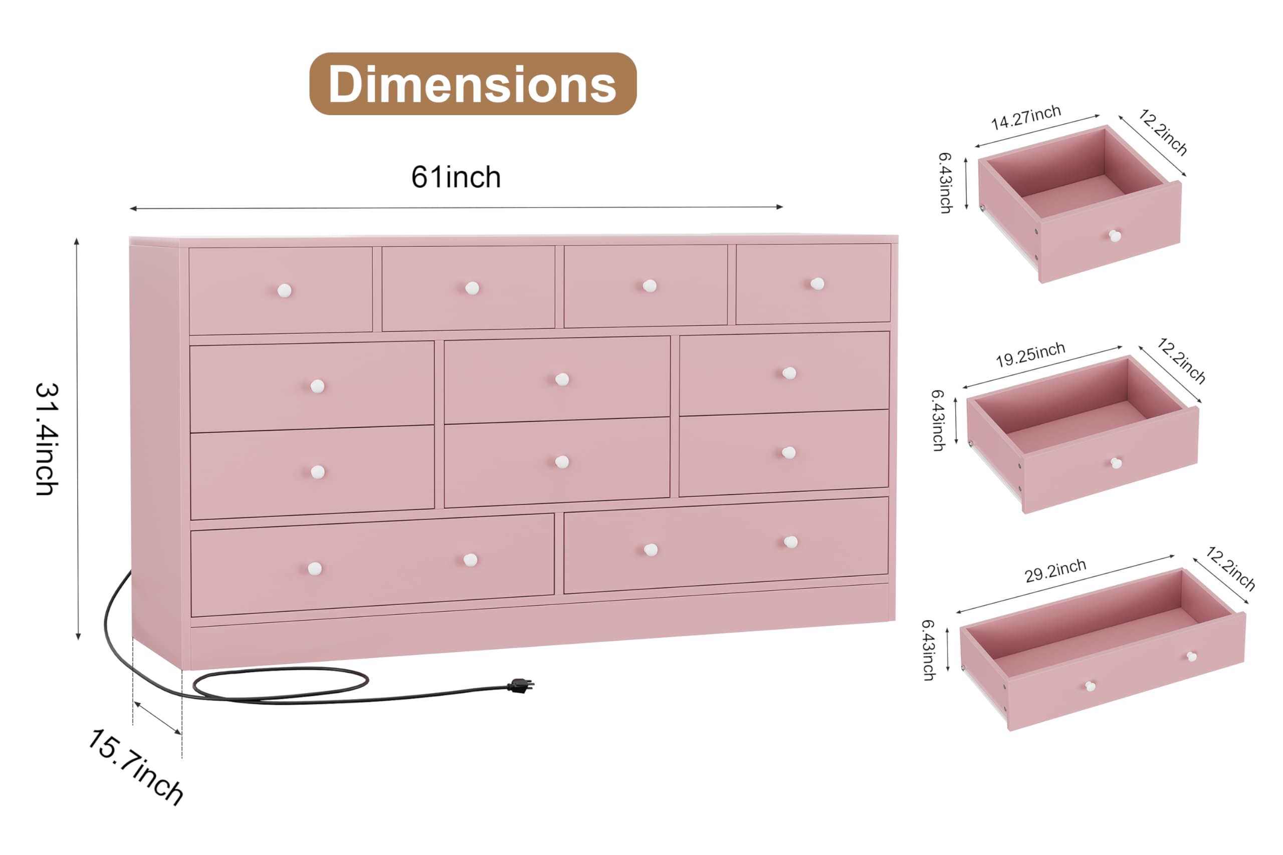 GarveeHome 12 Drawer Dresser for Bedroom, 61 Inch Wood Dresser with Power Outlet, Wide Dresser Chest of Drawers for Living Room, Hallway, Tall Dressers with Smooth Metal Rail, Large Storage, Pink