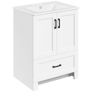 Yaheetech 24.5" Modern Bathroom Vanity with Ceramic Basin, Undermount Bathroom Vanity Sink Cabinet with 2 Doors and 1 Drawer, Free Standing Bathroom Storage Cabinet with Sink Combo Set, White