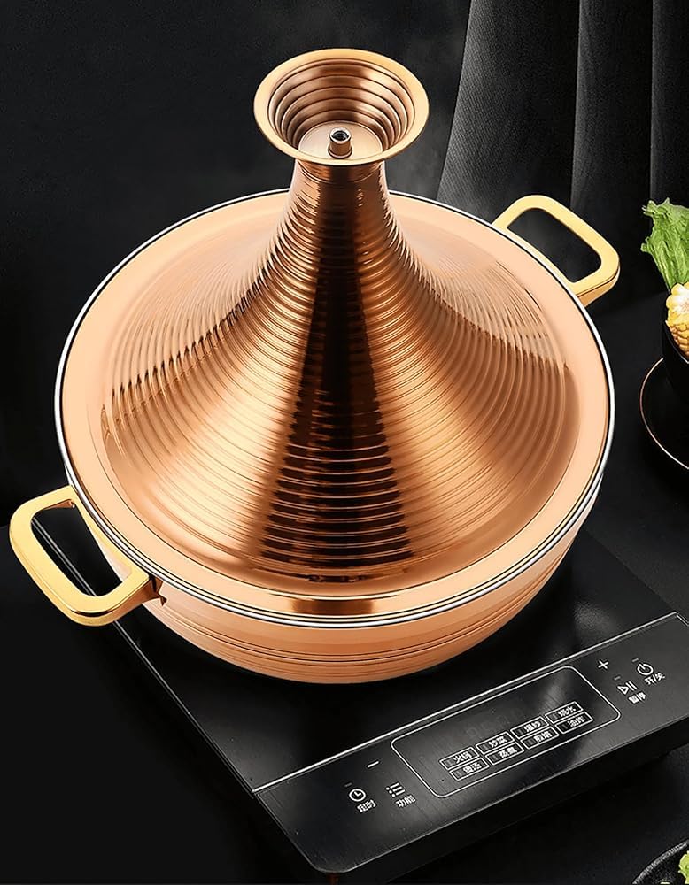 304 Stainless Steel Moroccan Tagine Pot,Non Stick Tagine Stainless Steel Tower Stew Dry Pot Non-stick Slow Cooker Seafood High Lid Pan Electromagnetic Cooker Moroccan Tajine Casserole,Gold,26cm