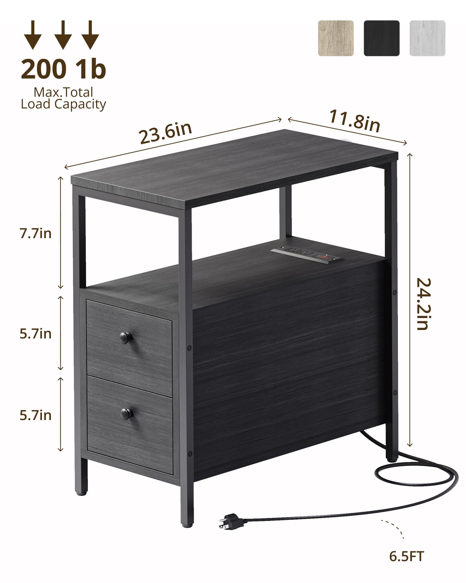 EVASTAR End Table with Charging Station, Narrow Side Table with 2 Drawers, Living Room Nightstand with Storage, Slim Bedside Table for Bedroom, Small Spaces, Black