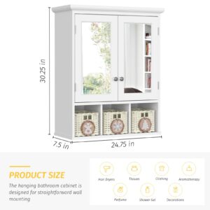 VKTO Bathroom Wall Cabinet with Mirrors,Wall-Mounted Storage Organizer Over Toilet with 3 Storage Baskets and 2 Adjustable Shelves, Bathroom Mirror Medicine Cabinet for Bathroom, Kitchen,White