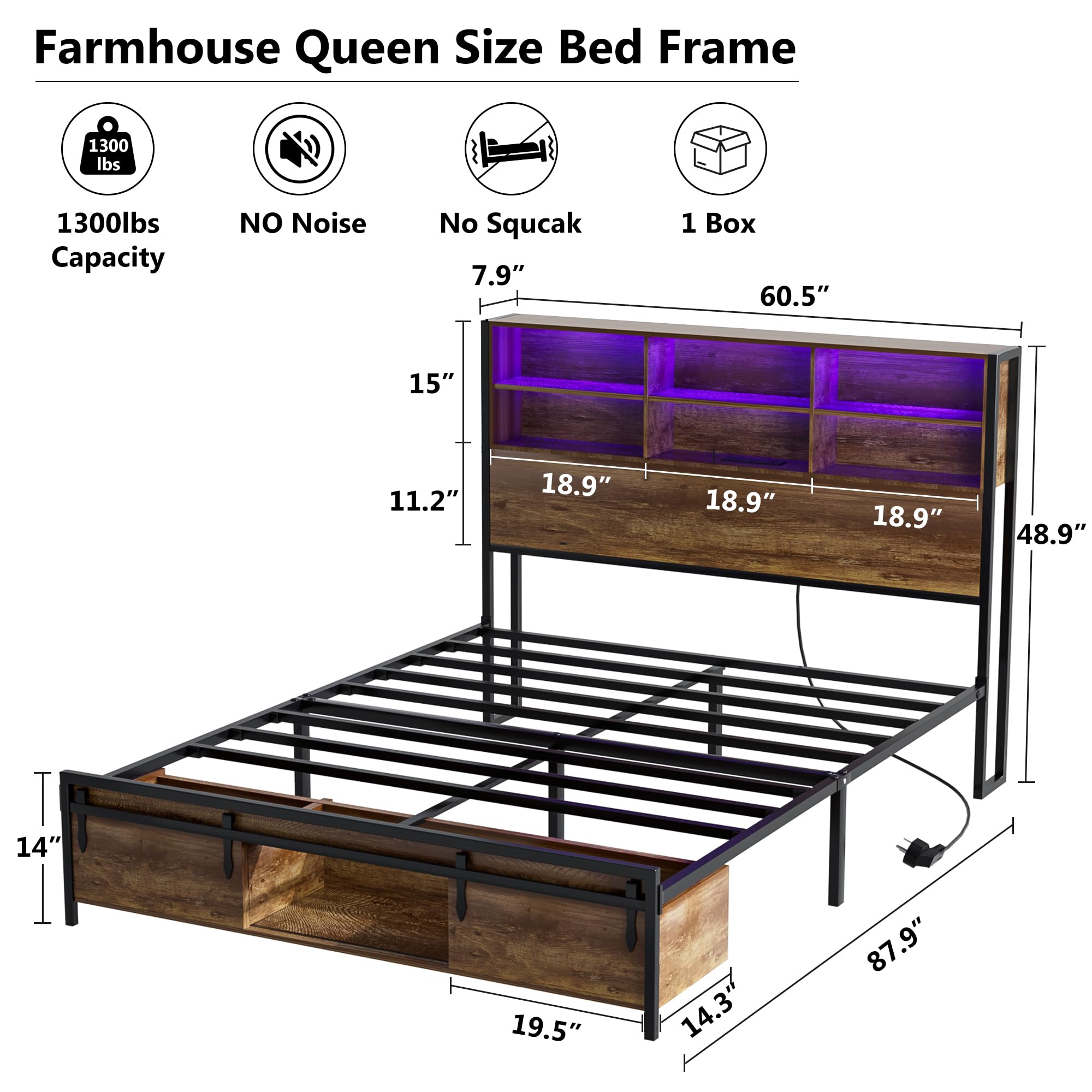 Farmhouse Bed Frame Queen Size with Bookcase Headboard and Sliding Barn Door Storage Cubbies, Wood Bed Frame with LED Light and Charging Station, Noiseless,No Box Spring Needed, Easy Assembly